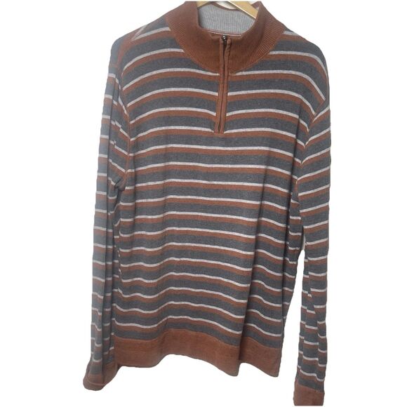Covington Men’s‎ XL 100% Cotton Striped 1/4 Zip Sweater Gray Brown Orange Casual - Picture 1 of 7